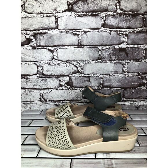 Pikolinos Beige Leather Floral Cut Blue Ankle Strap Wedge Sandals Women 39EU/8.5 - Picture 3 of 16